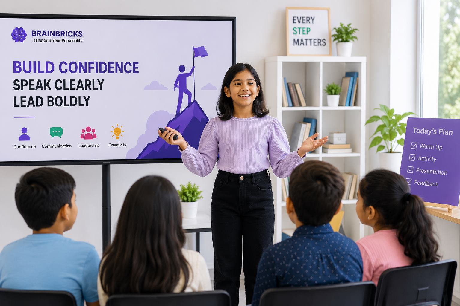 Student presenting confidently at BrainBricks